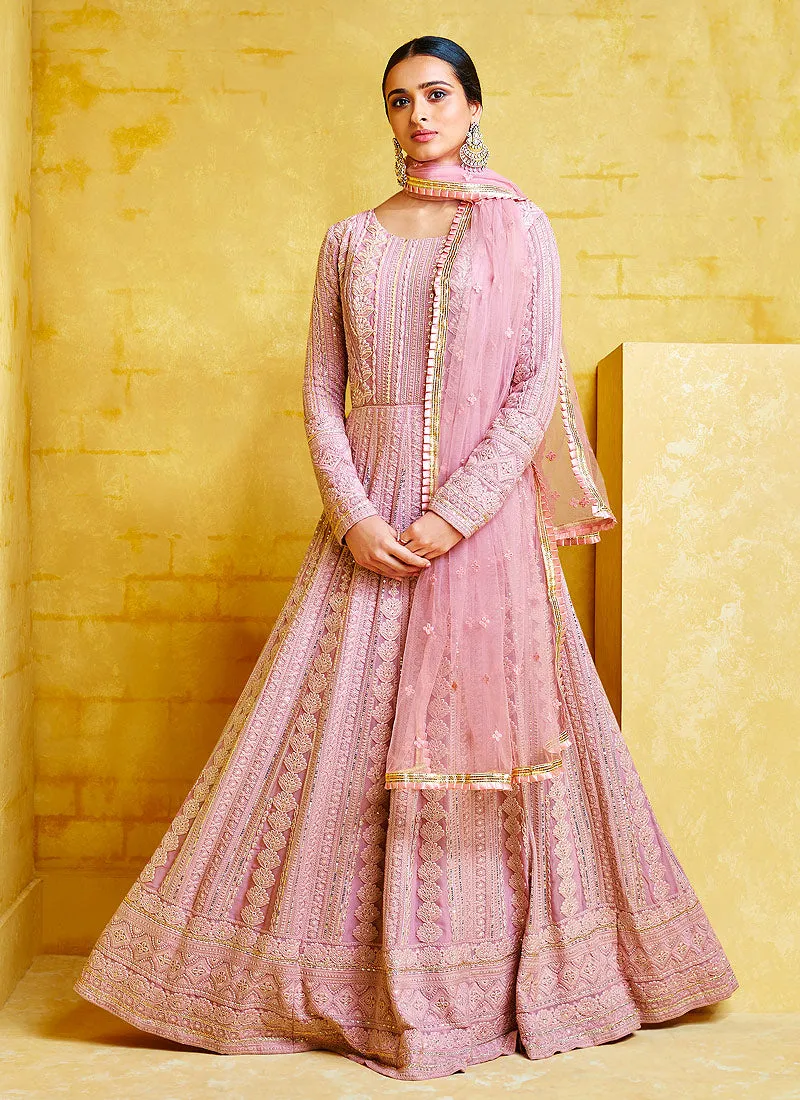 Pink Chikankari Embroidered Party Wear Anarkali Suit