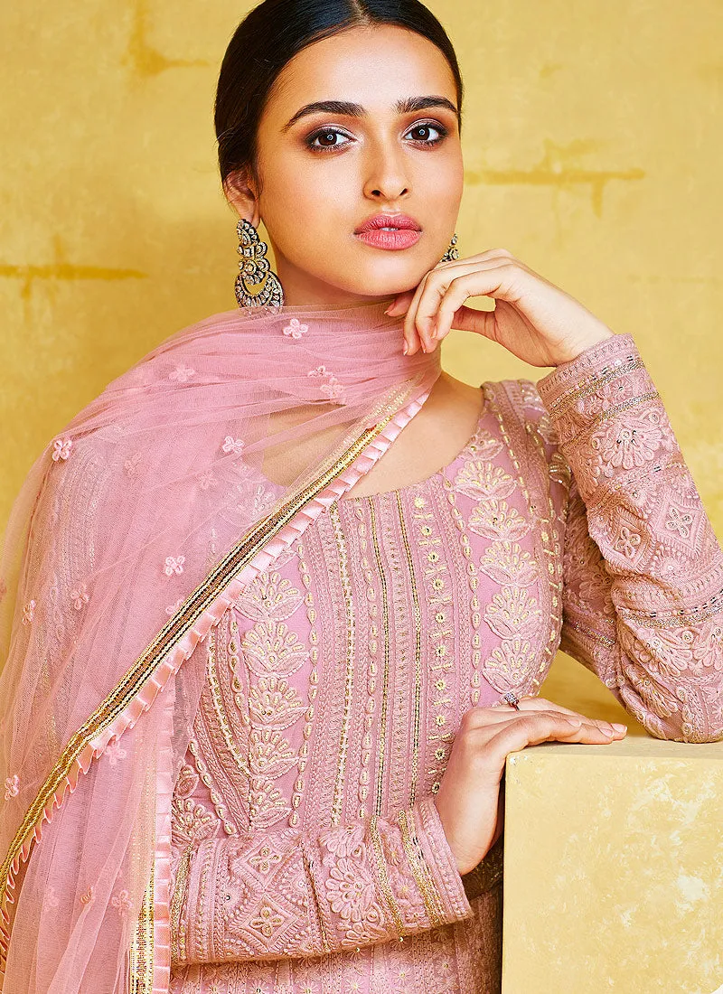 Pink Chikankari Embroidered Party Wear Anarkali Suit