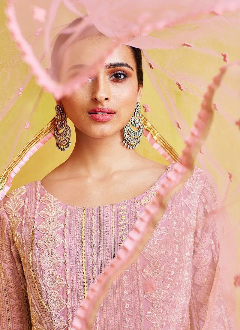 Pink Chikankari Embroidered Party Wear Anarkali Suit