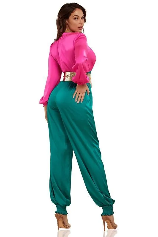 Pink Teal Blue Metallic Embossed Belt Jumpsuit
