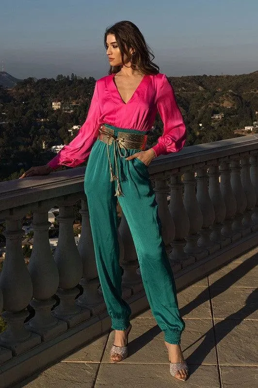 Pink Teal Blue Metallic Embossed Belt Jumpsuit