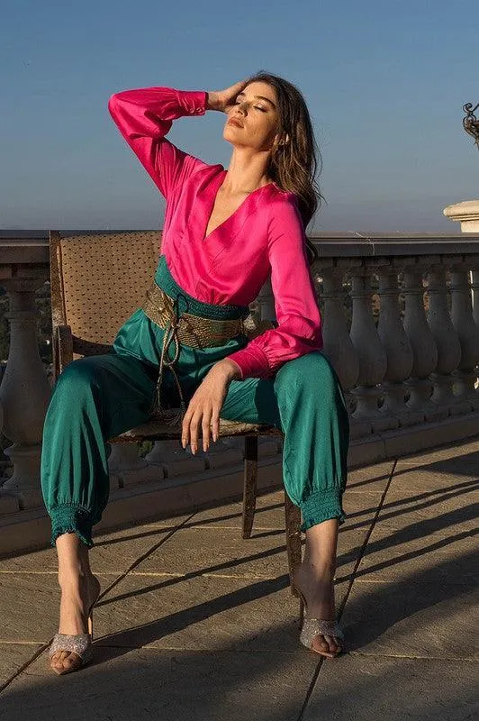 Pink Teal Blue Metallic Embossed Belt Jumpsuit