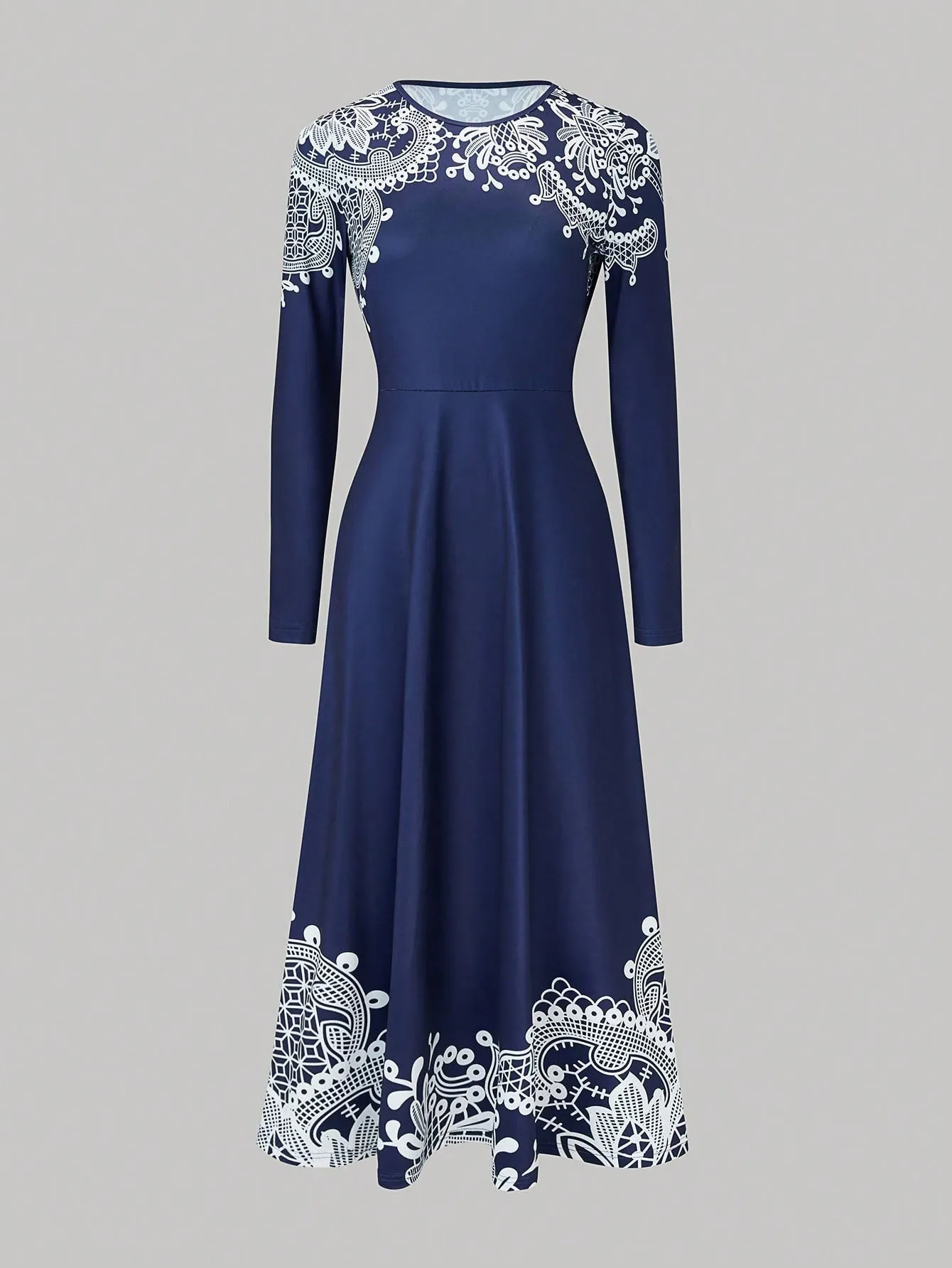 Polka Dot Printed V-Neck Long Sleeve Maxi Dress