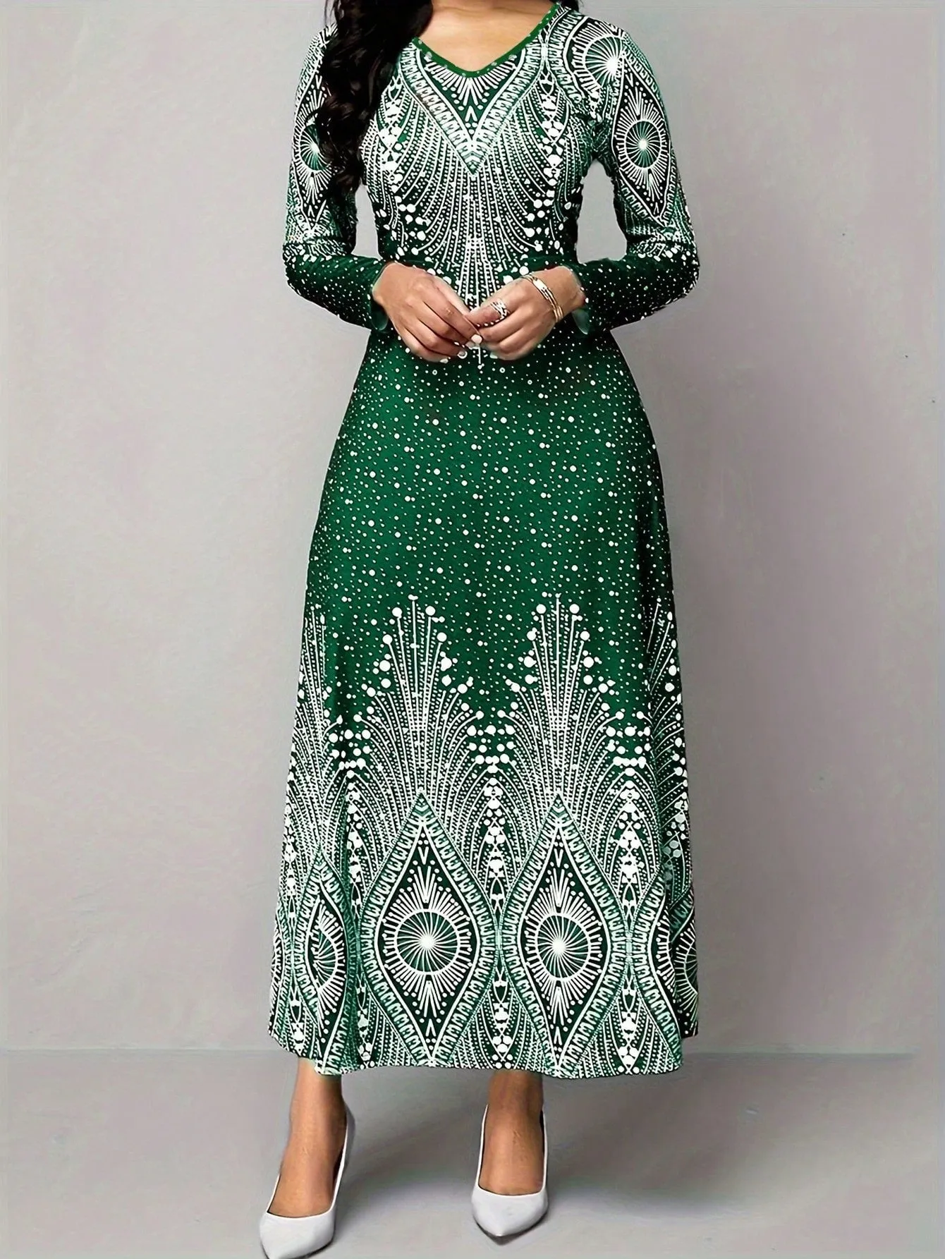 Polka Dot Printed V-Neck Long Sleeve Maxi Dress