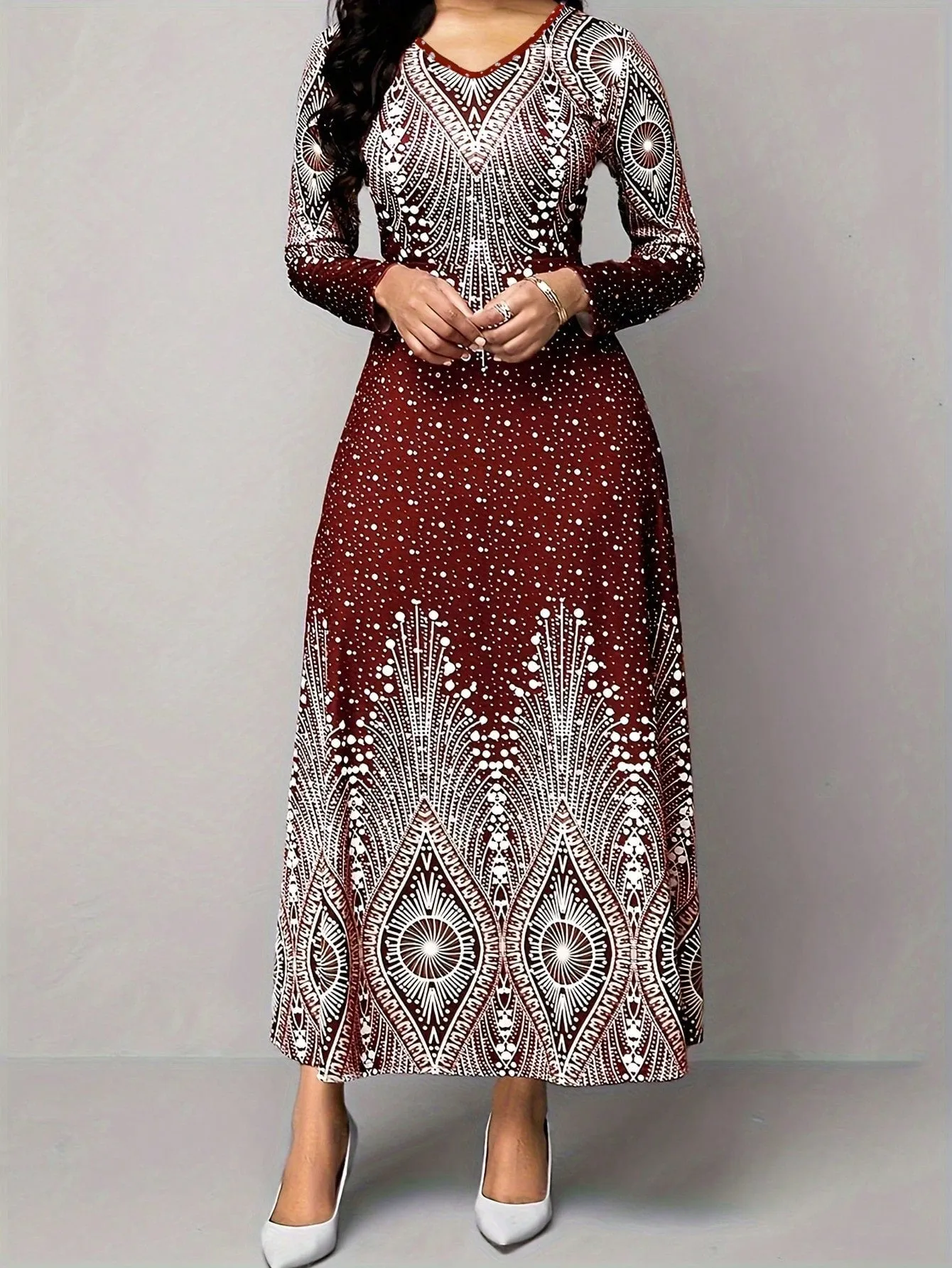 Polka Dot Printed V-Neck Long Sleeve Maxi Dress