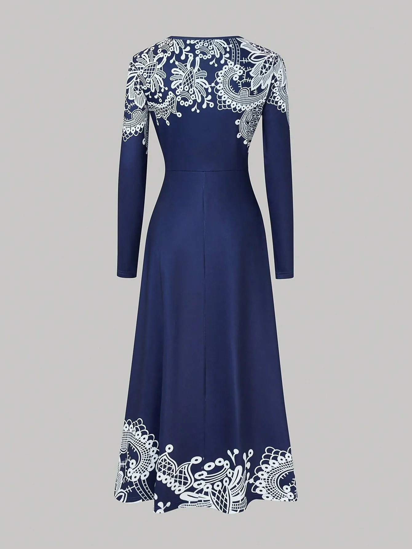 Polka Dot Printed V-Neck Long Sleeve Maxi Dress