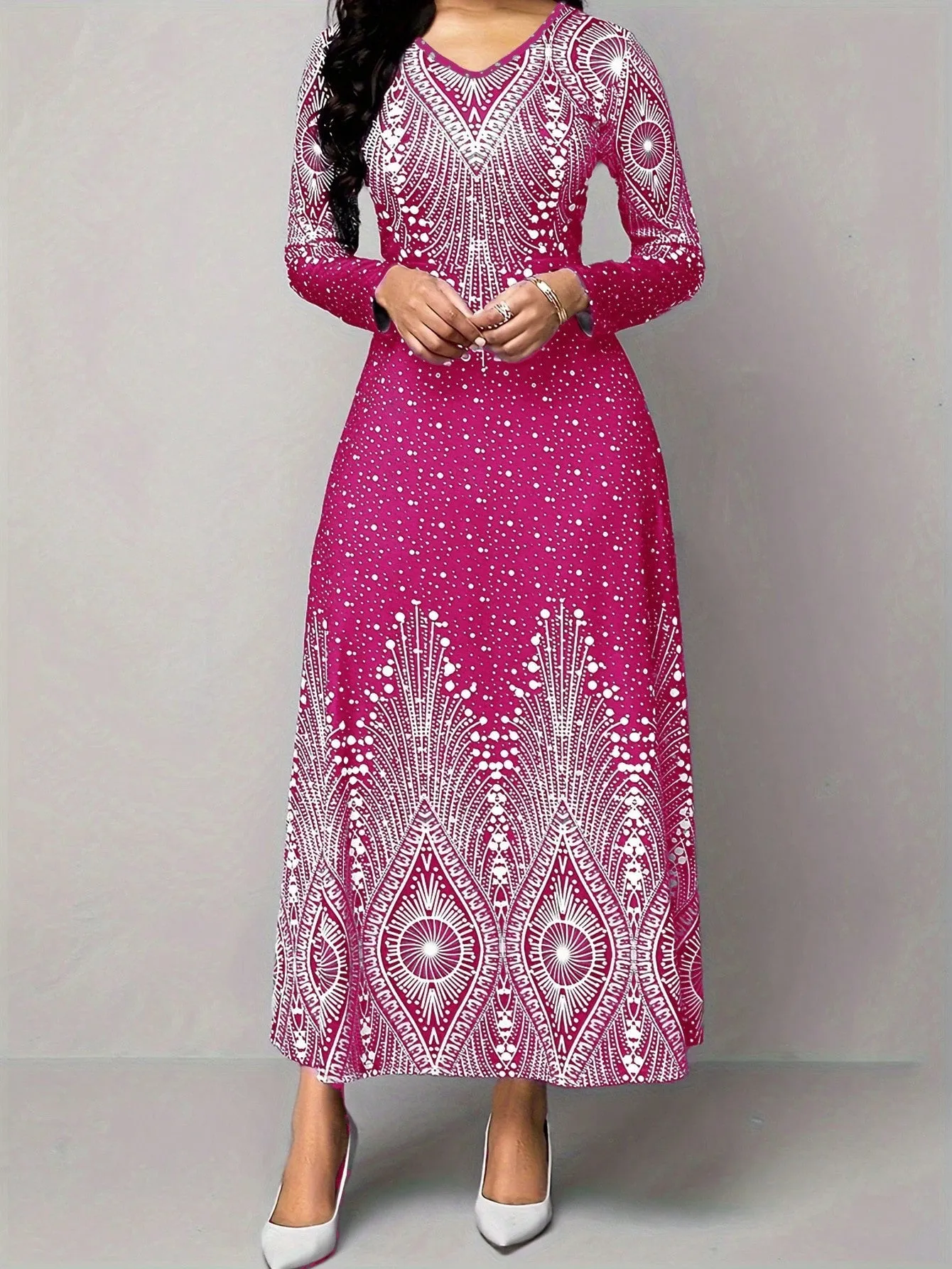 Polka Dot Printed V-Neck Long Sleeve Maxi Dress
