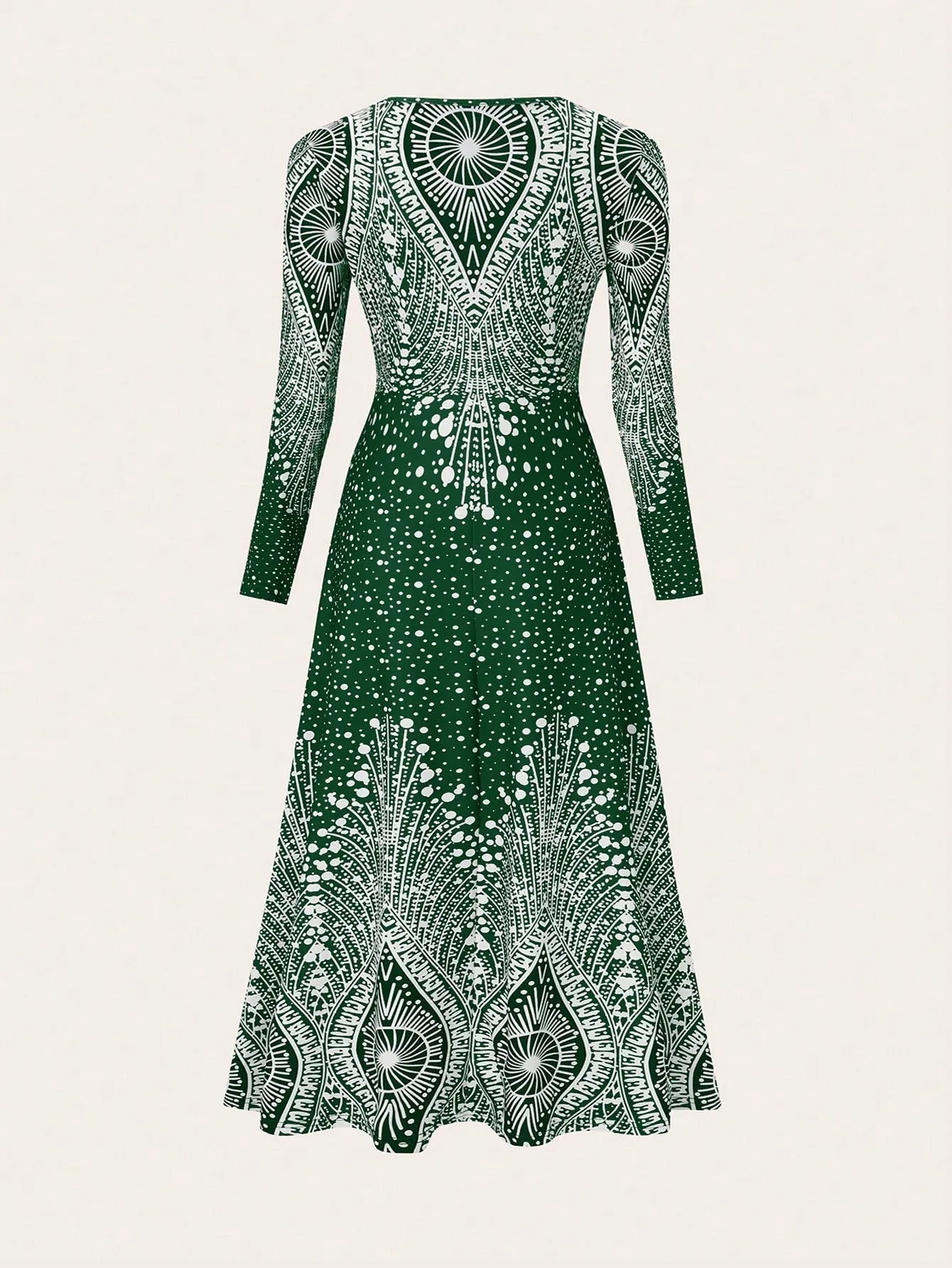 Polka Dot Printed V-Neck Long Sleeve Maxi Dress