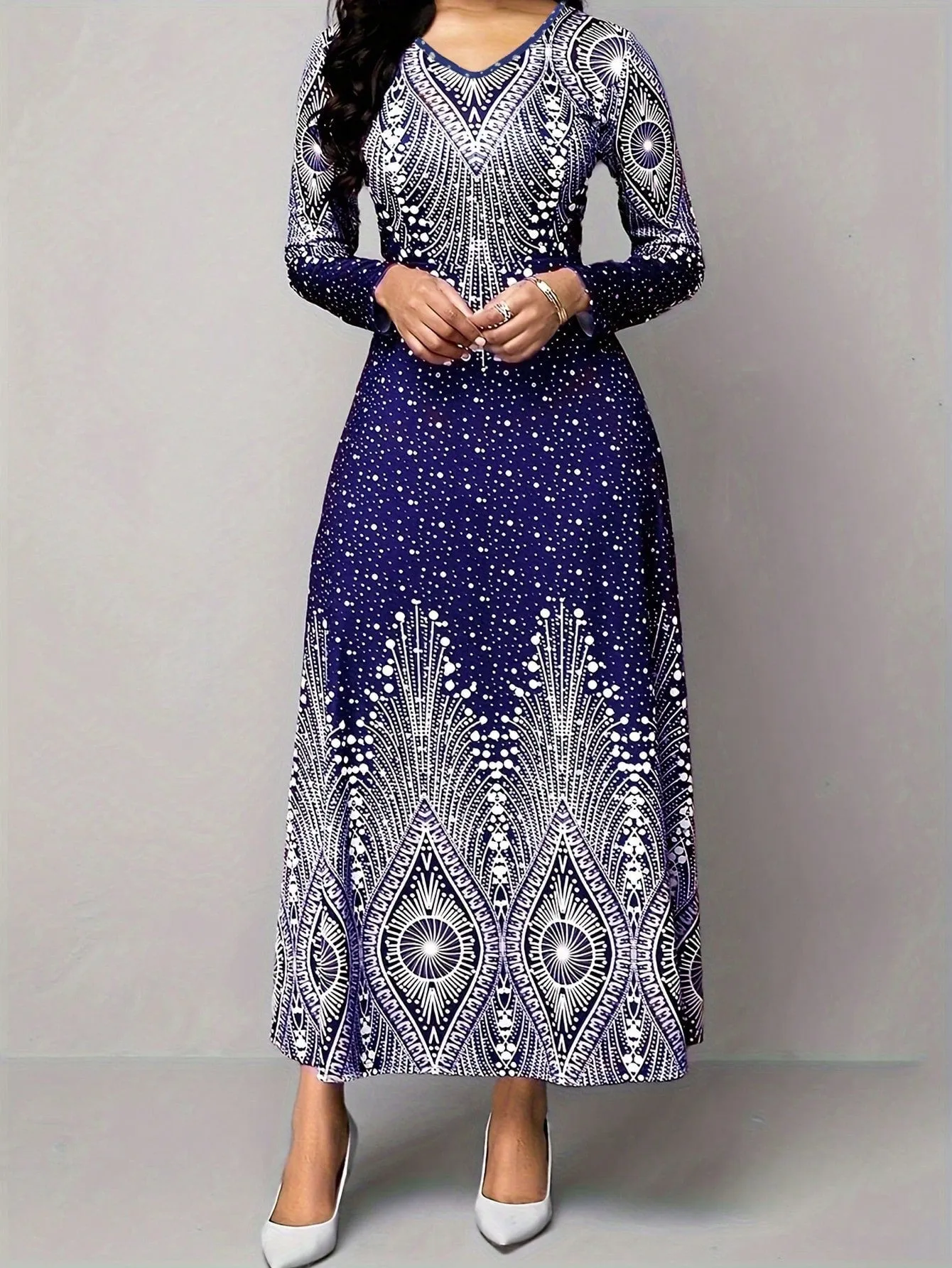 Polka Dot Printed V-Neck Long Sleeve Maxi Dress