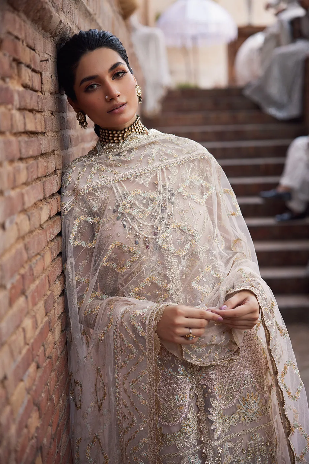 Powder Pink Embroidered Pakistani Party Wear Kameez Gharara Style