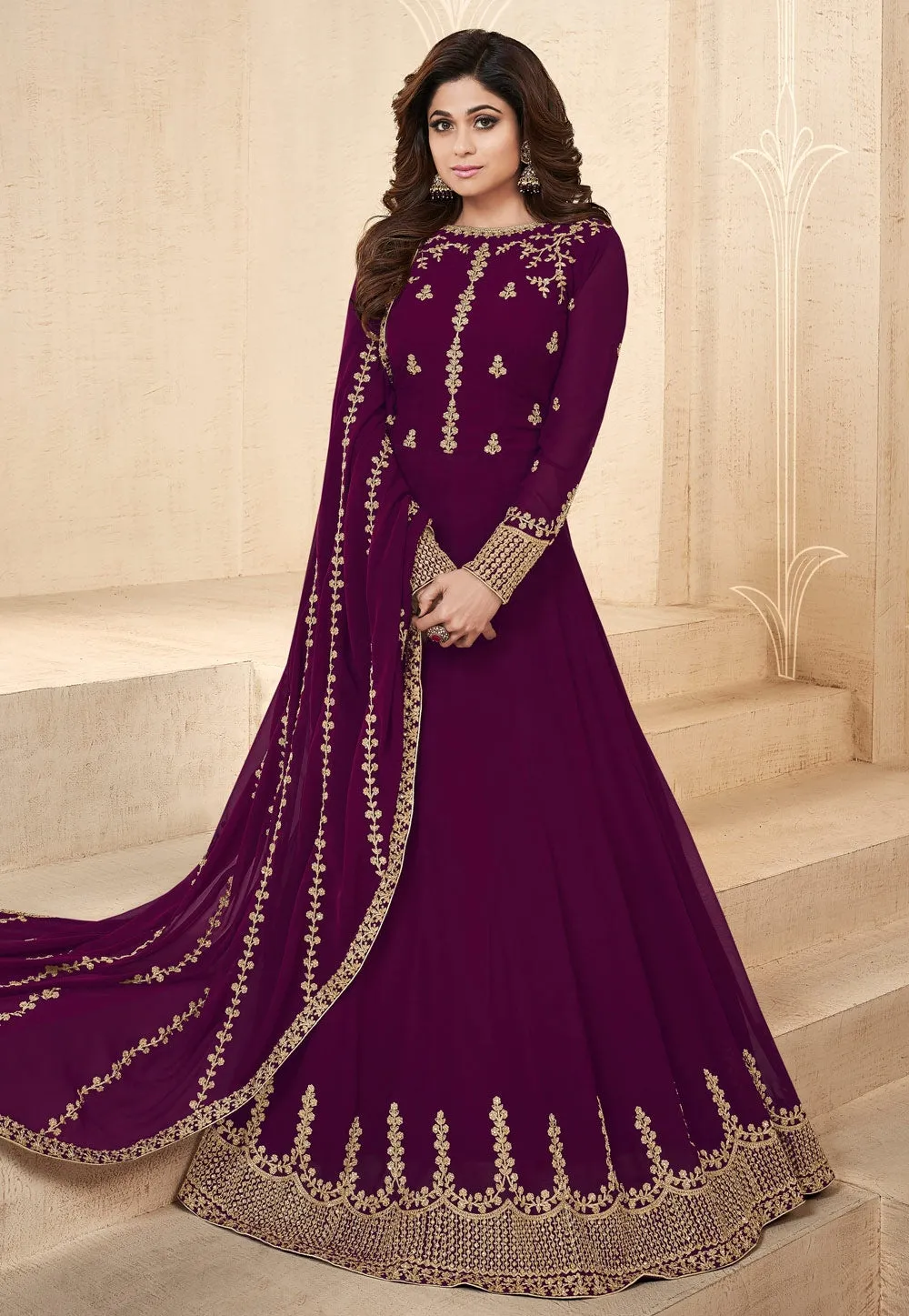 Purple Embroidered Georgette Anarkali Suit
