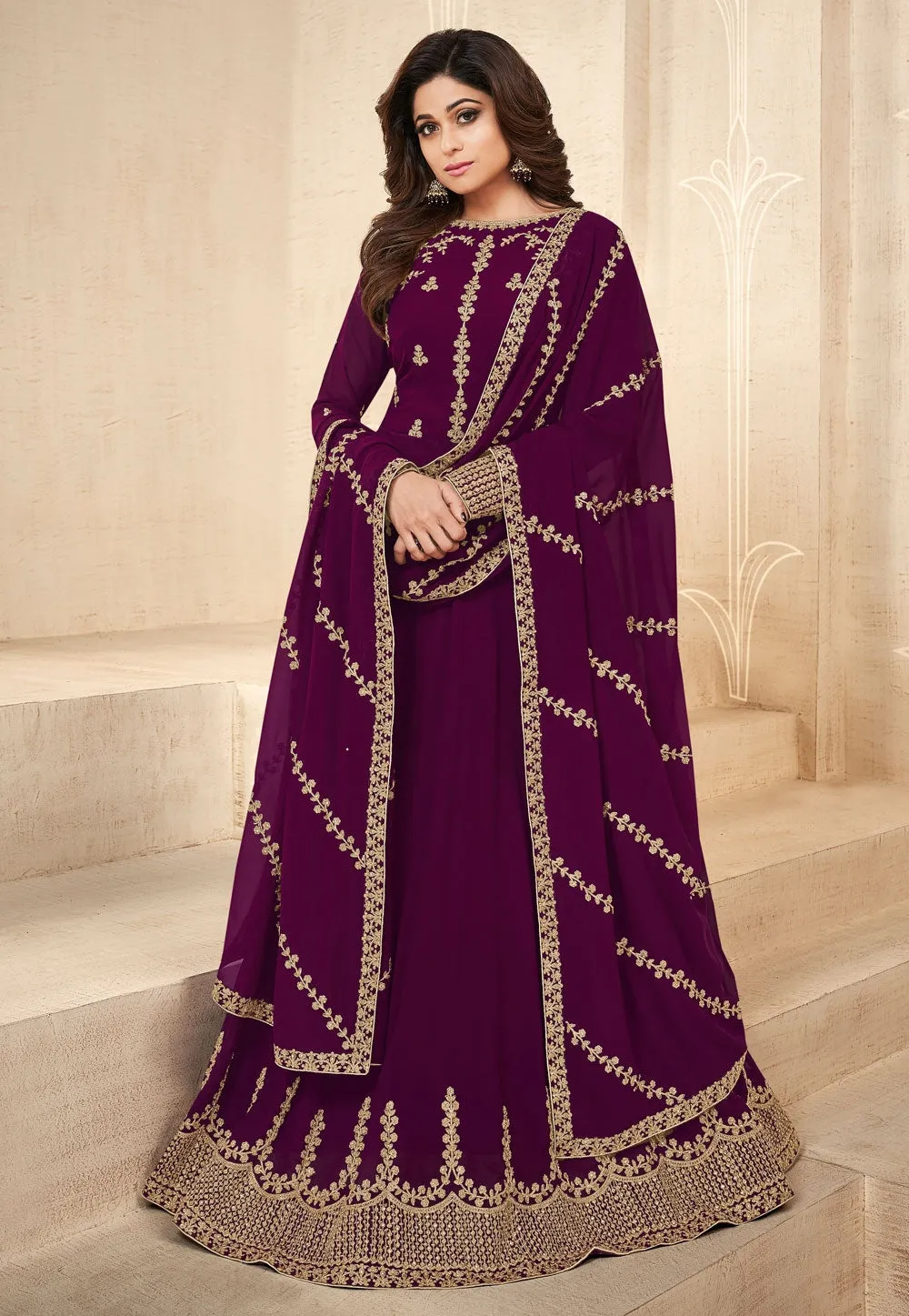 Purple Embroidered Georgette Anarkali Suit