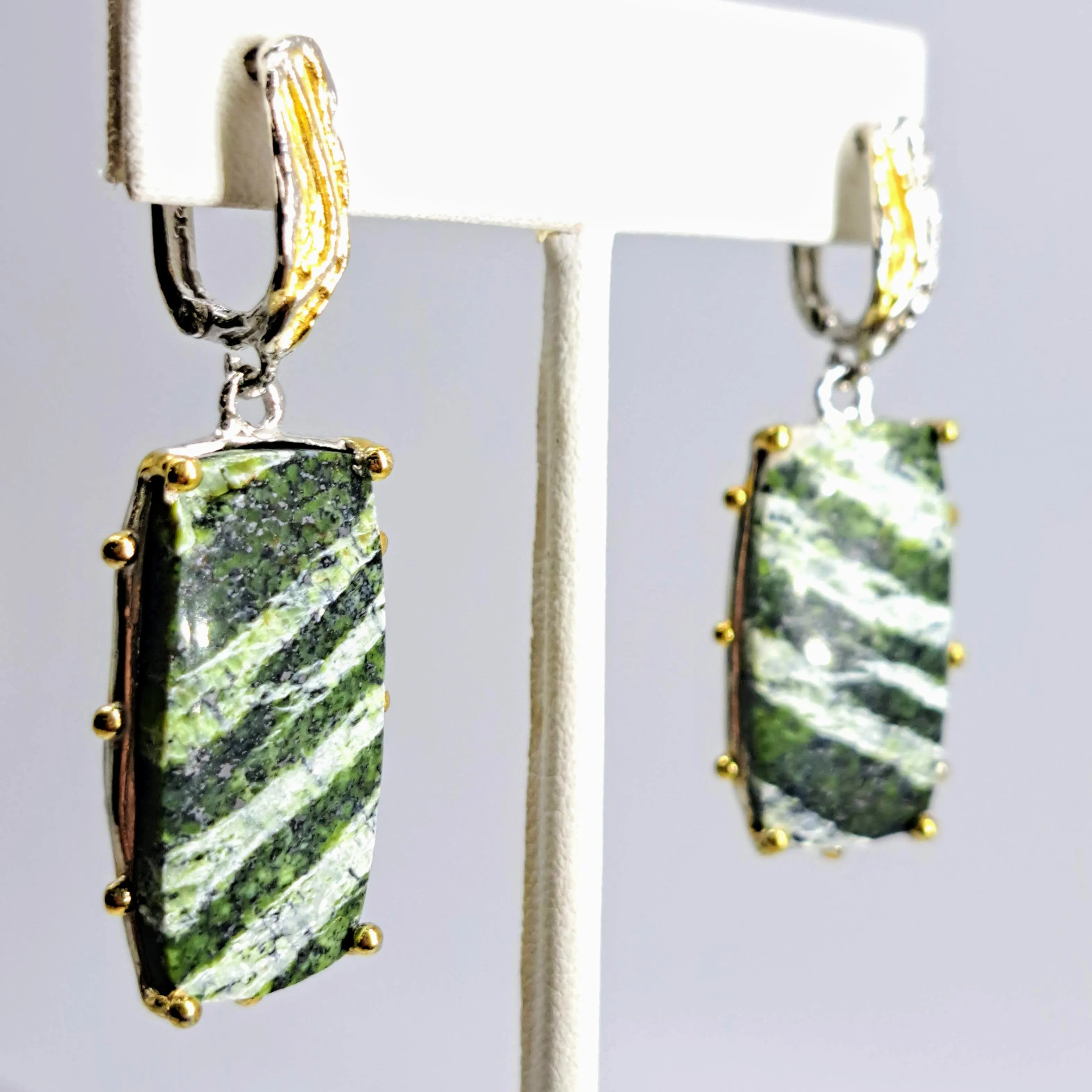 "Fruit-Striped Fabulous!" 2" Earrings - Green Zebra Jasper, Anti-tarnish Sterling, 18k Gold