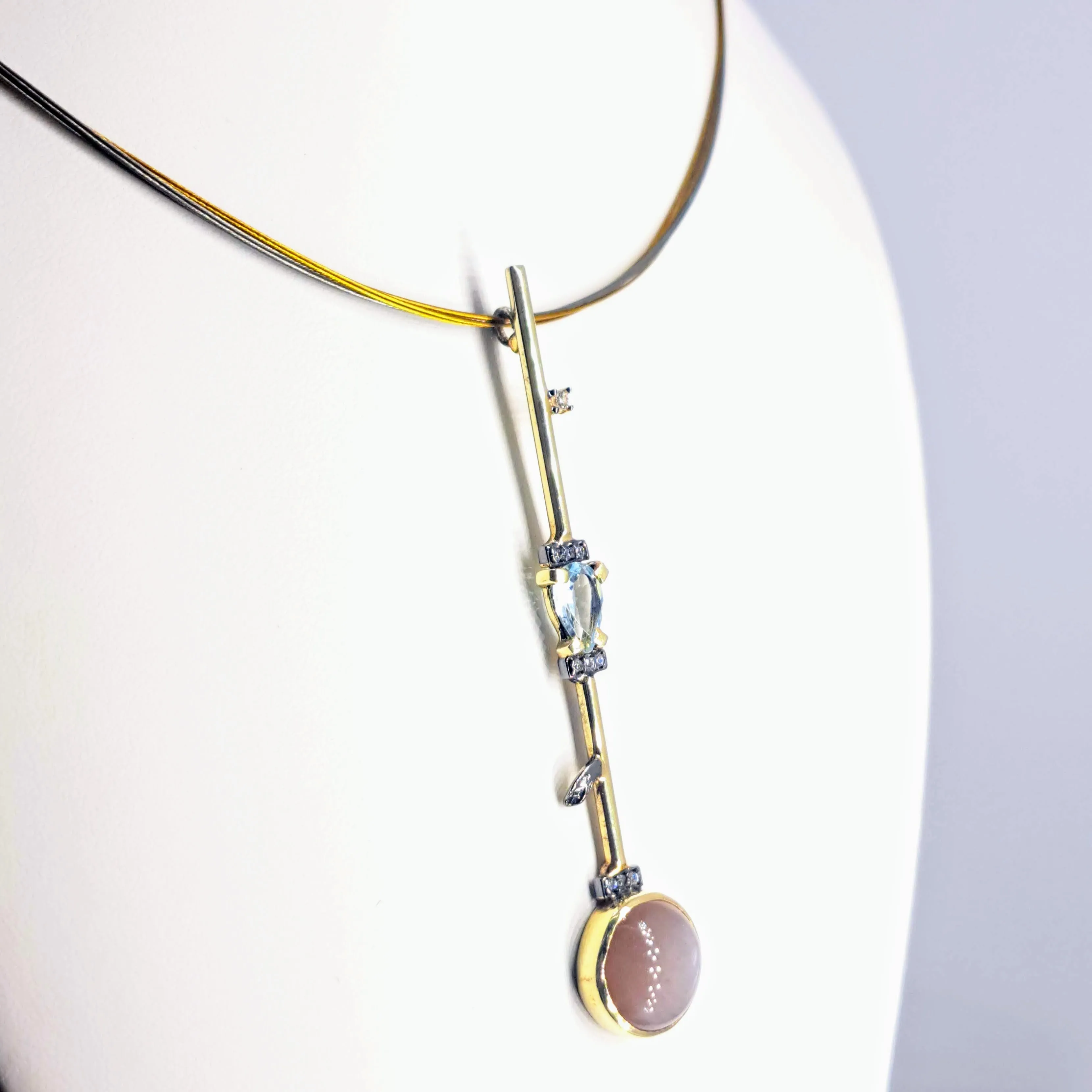 "Sultry Swizzle Stick" 18" Necklace - Topaz, Zircon, Grey Moonstone, Gold Sterling
