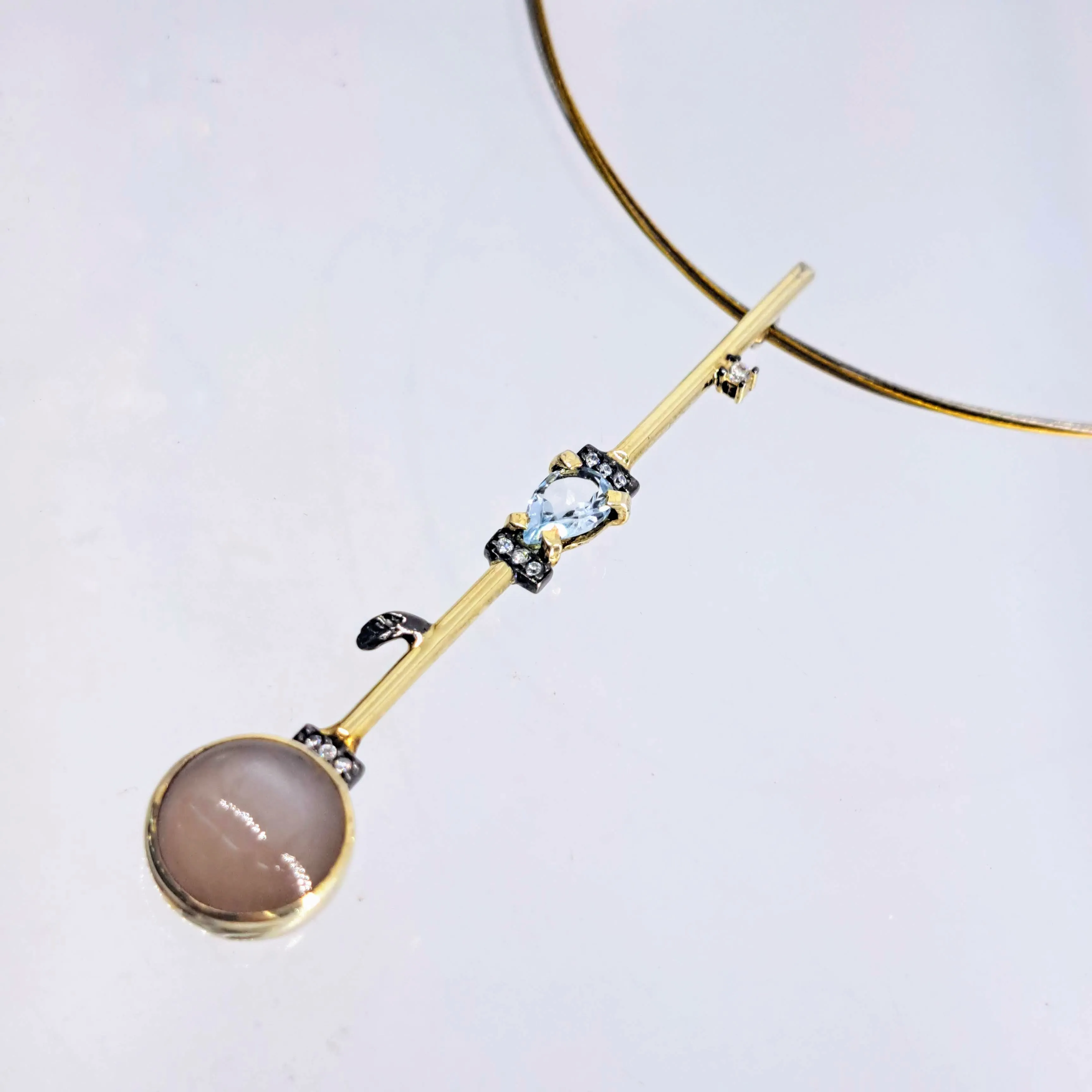 "Sultry Swizzle Stick" 18" Necklace - Topaz, Zircon, Grey Moonstone, Gold Sterling