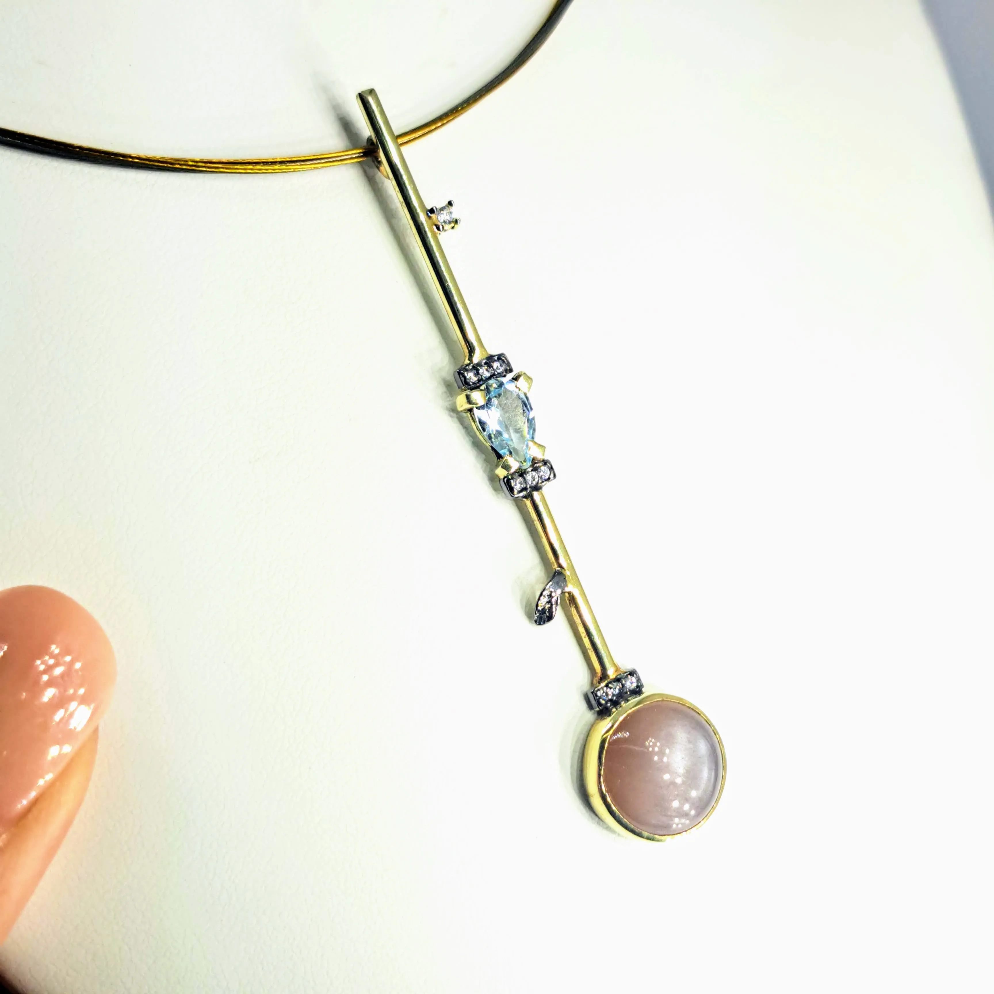 "Sultry Swizzle Stick" 18" Necklace - Topaz, Zircon, Grey Moonstone, Gold Sterling