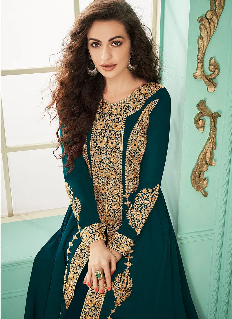 Rama Green Slit Style Embroidered Anarkali Suit