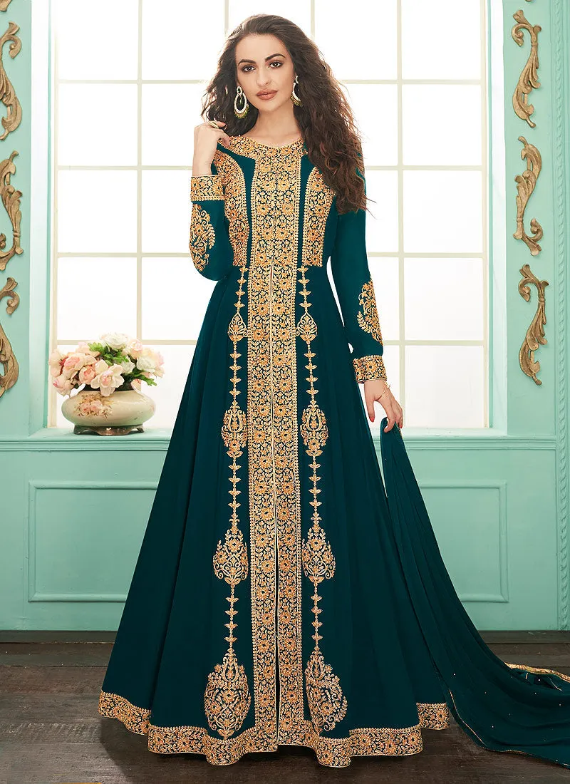 Rama Green Slit Style Embroidered Anarkali Suit