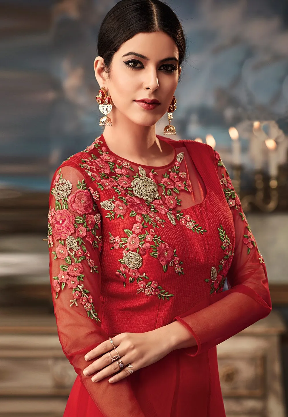Red Overall Embroidered Flared Anarkali Gown Set