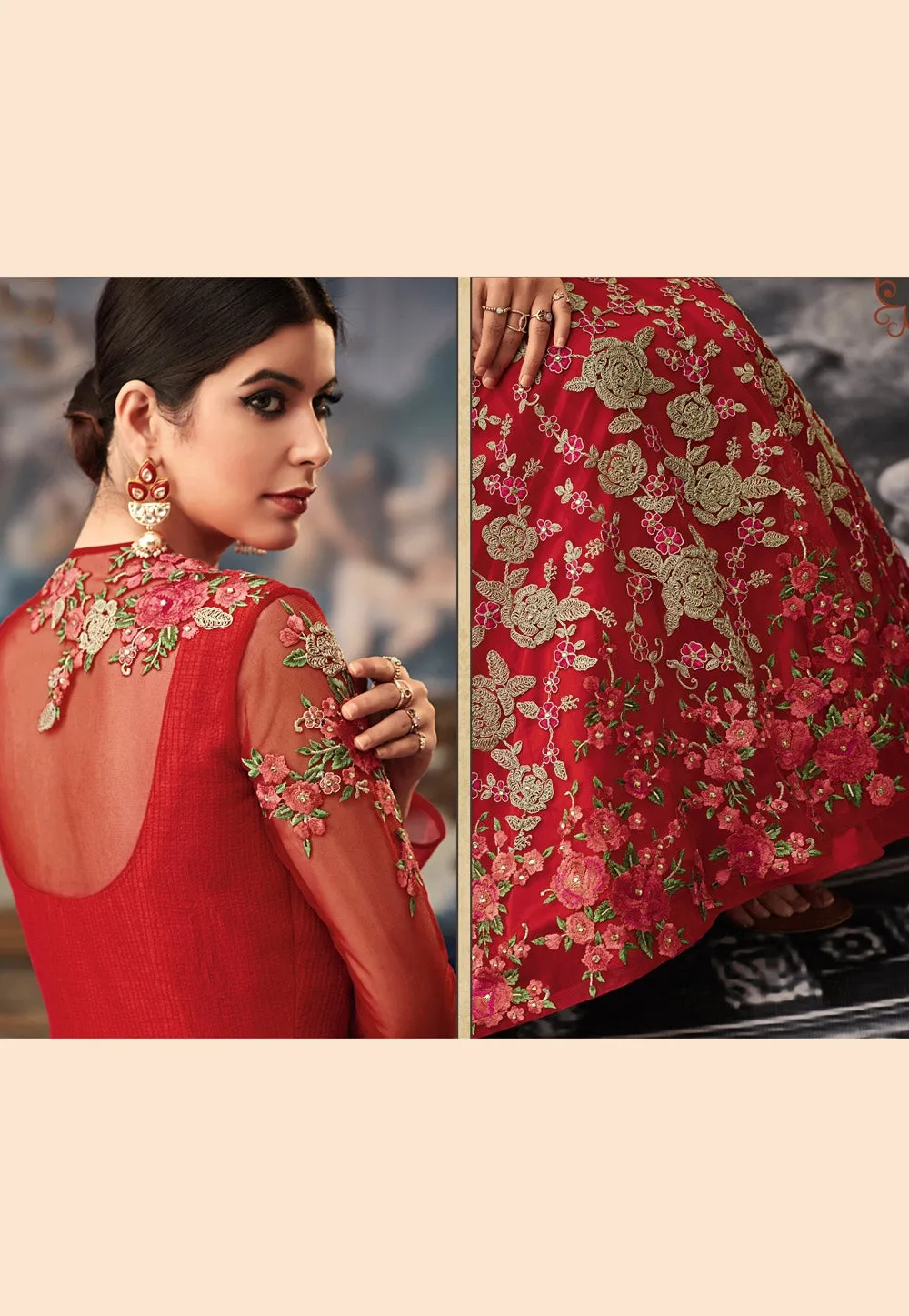 Red Overall Embroidered Flared Anarkali Gown Set