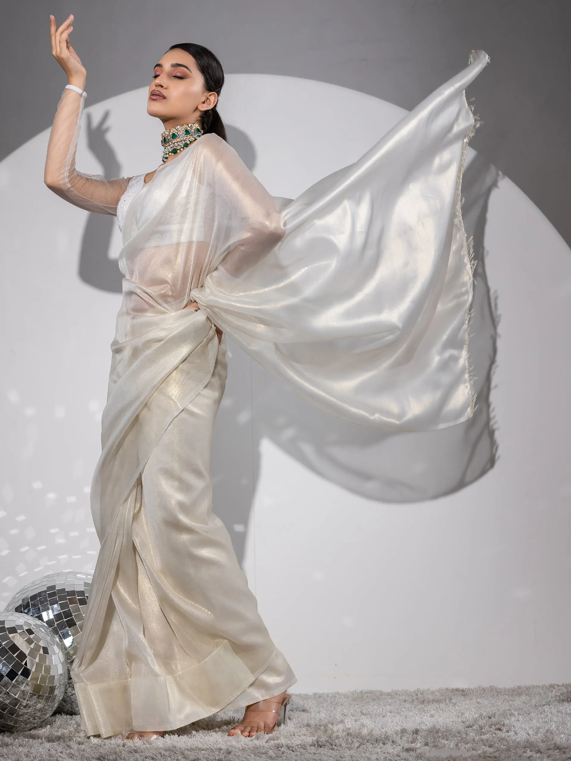 Royal Affair White Gold Organza Saree with Embroidered Blouse Fabric