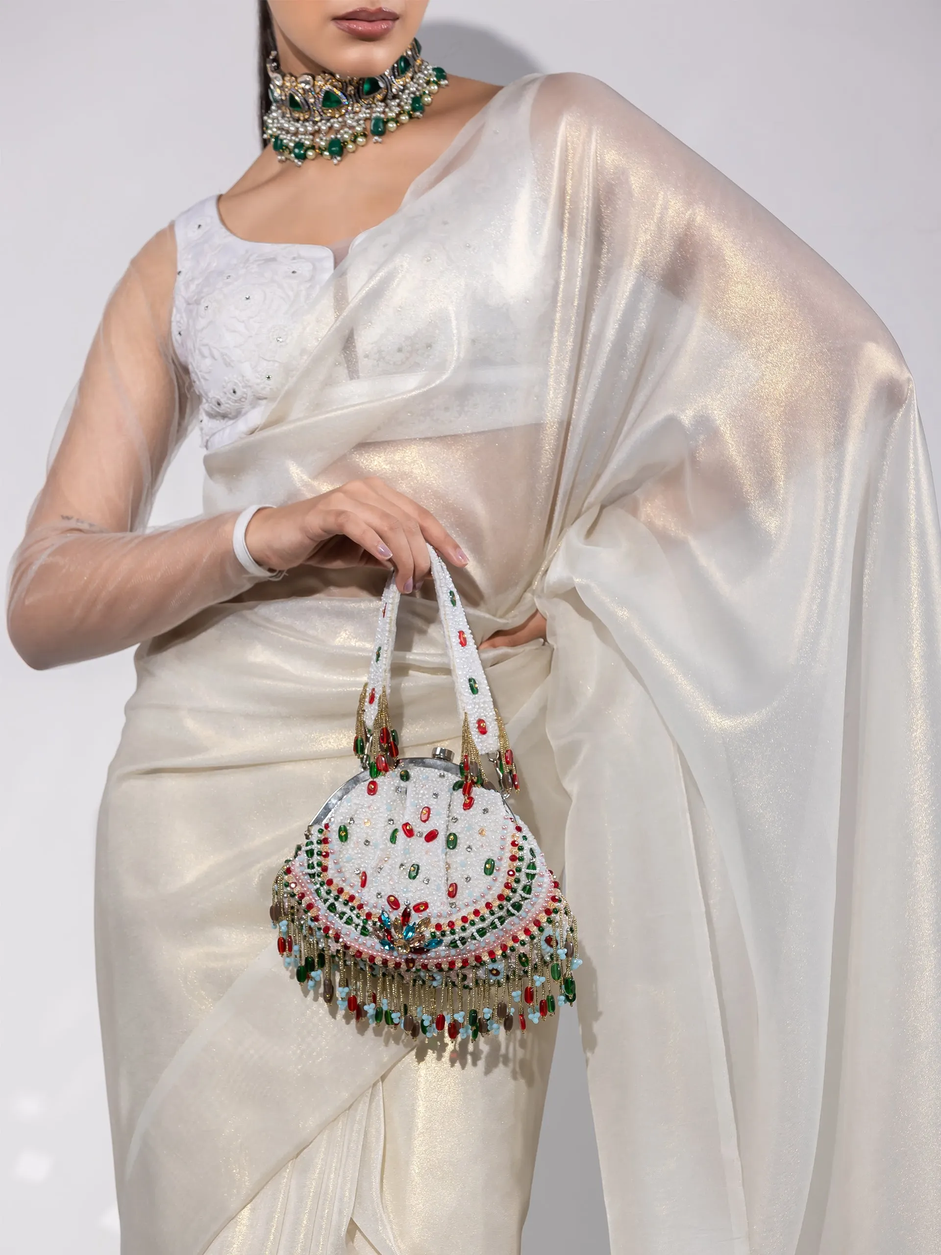Royal Affair White Gold Organza Saree with Embroidered Blouse Fabric