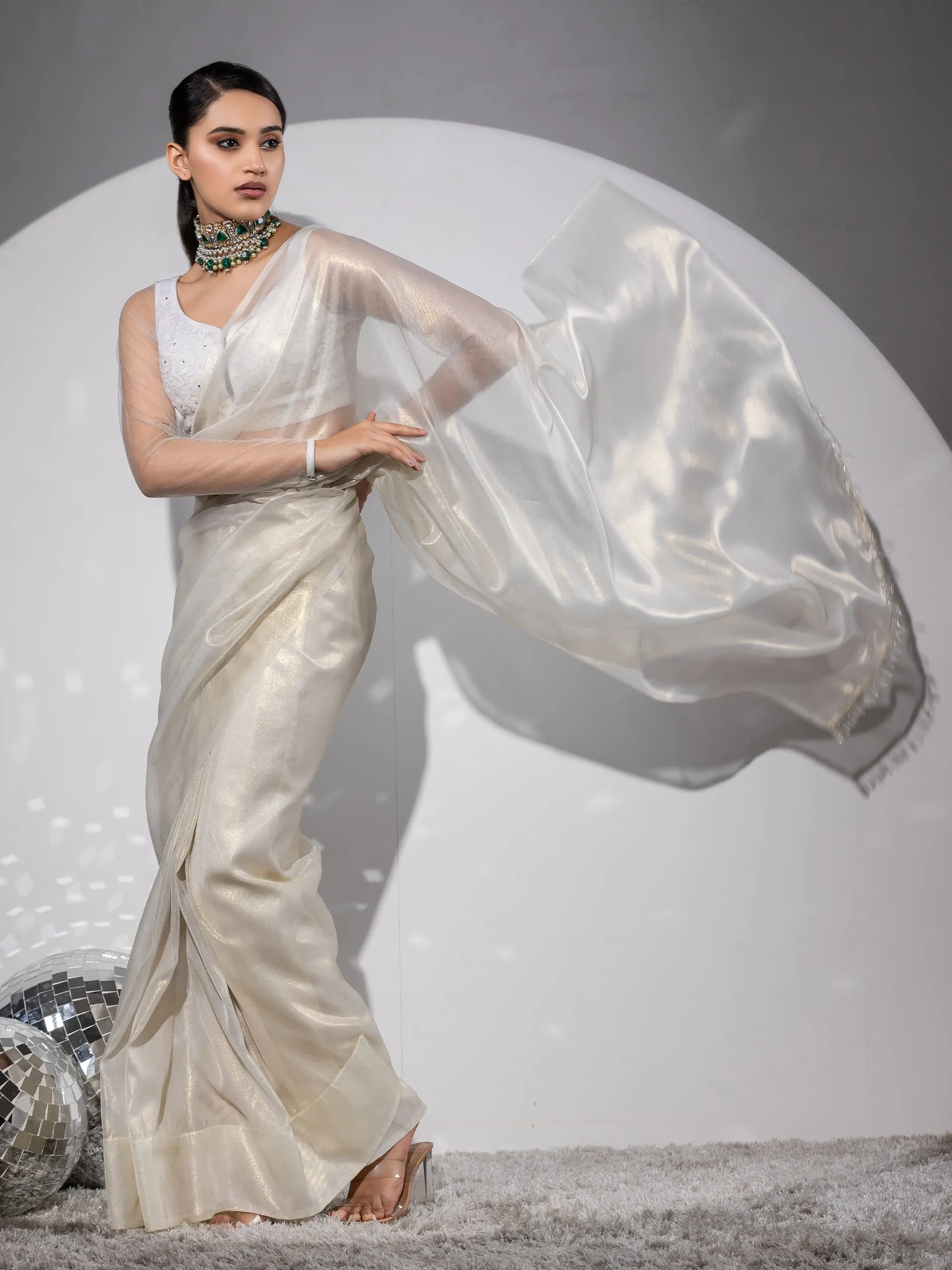 Royal Affair White Gold Organza Saree with Embroidered Blouse Fabric