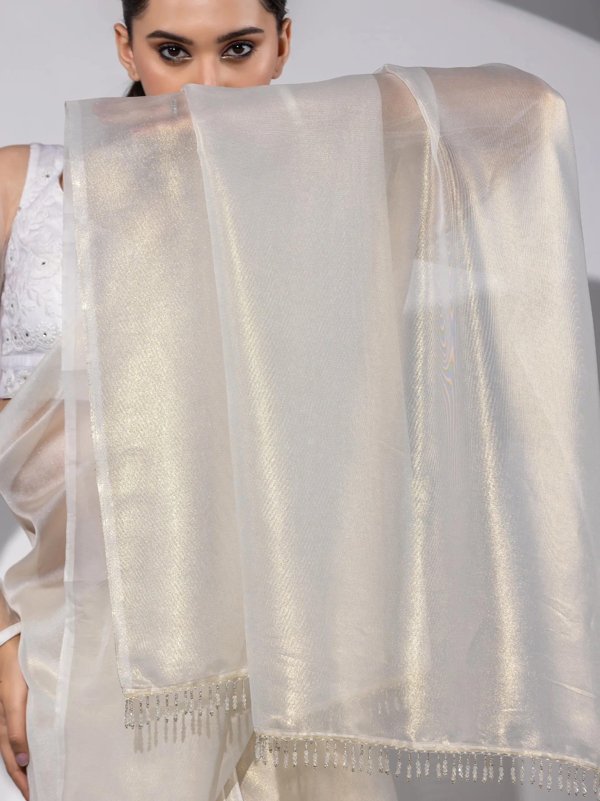 Royal Affair White Gold Organza Saree with Embroidered Blouse Fabric