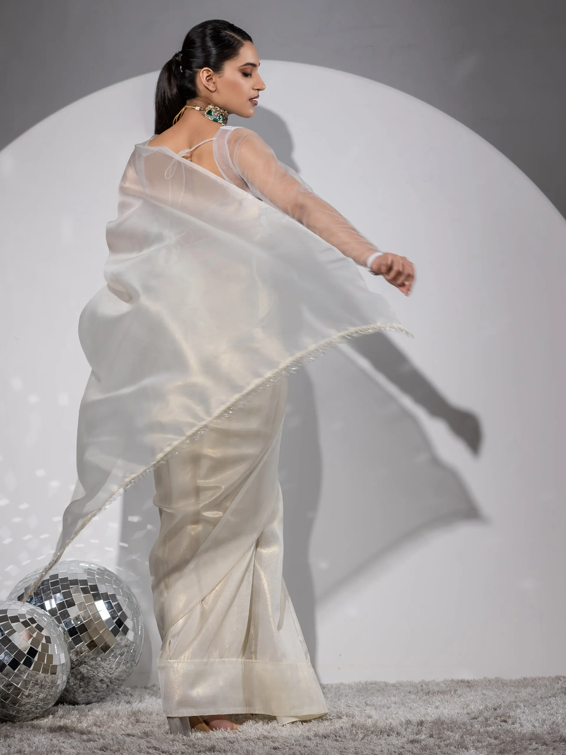 Royal Affair White Gold Organza Saree with Embroidered Blouse Fabric