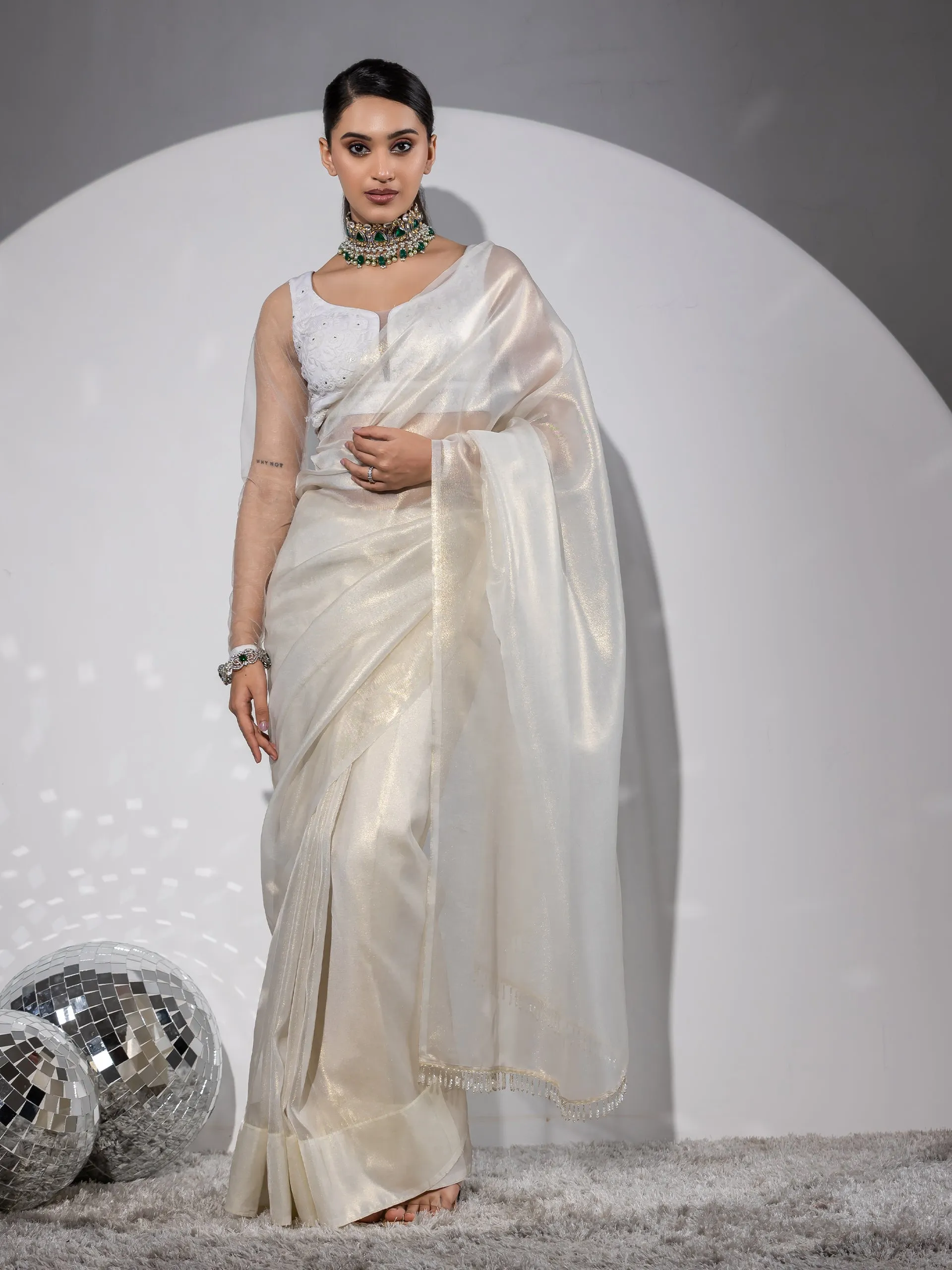Royal Affair White Gold Organza Saree with Embroidered Blouse Fabric
