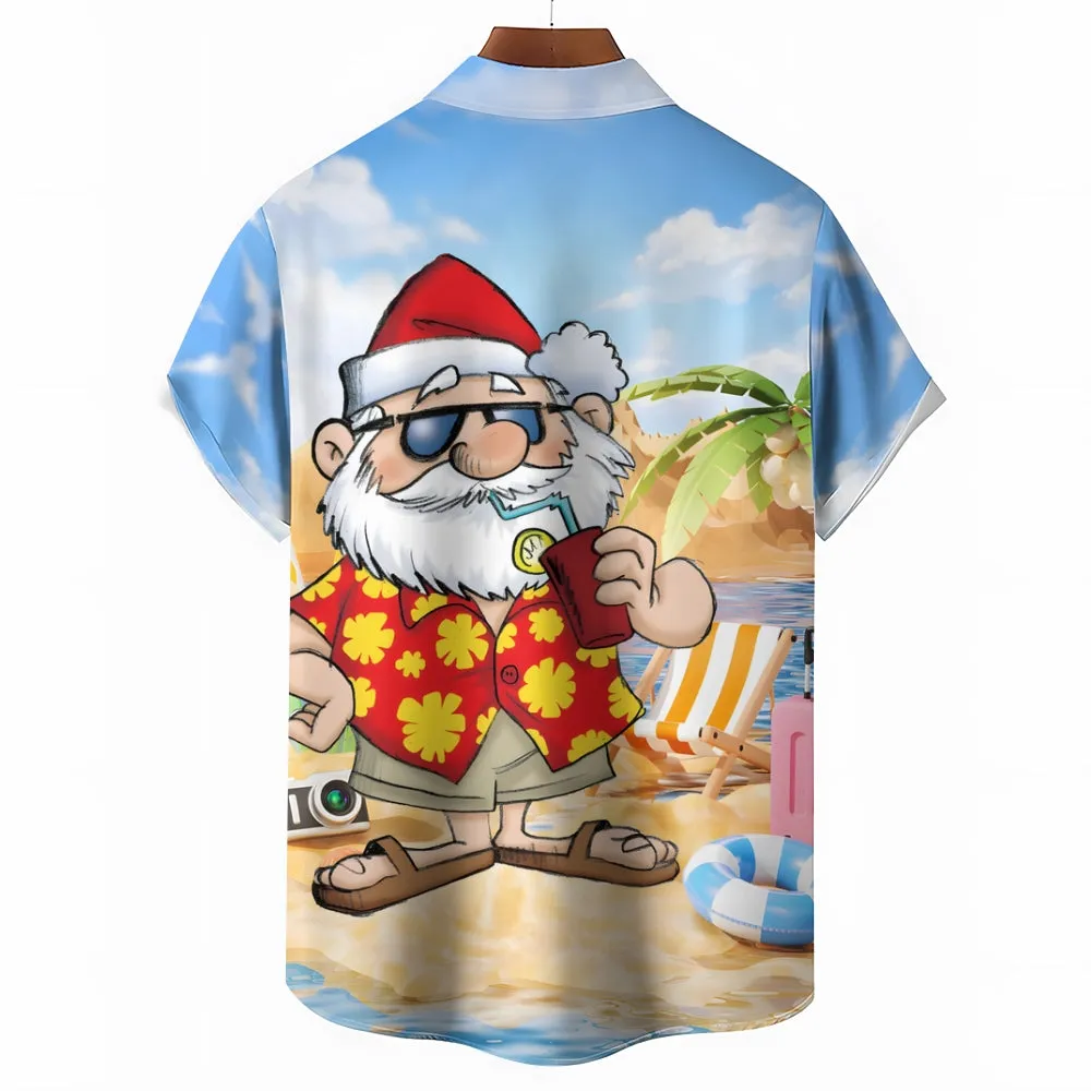 Santa's Beach Vacation Casual Print Chest Pocket Short Sleeve Shirt 2308100154