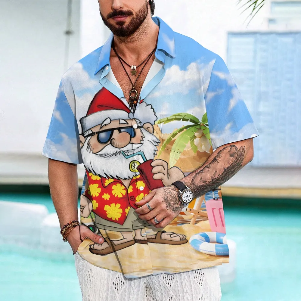 Santa's Beach Vacation Casual Print Chest Pocket Short Sleeve Shirt 2308100154