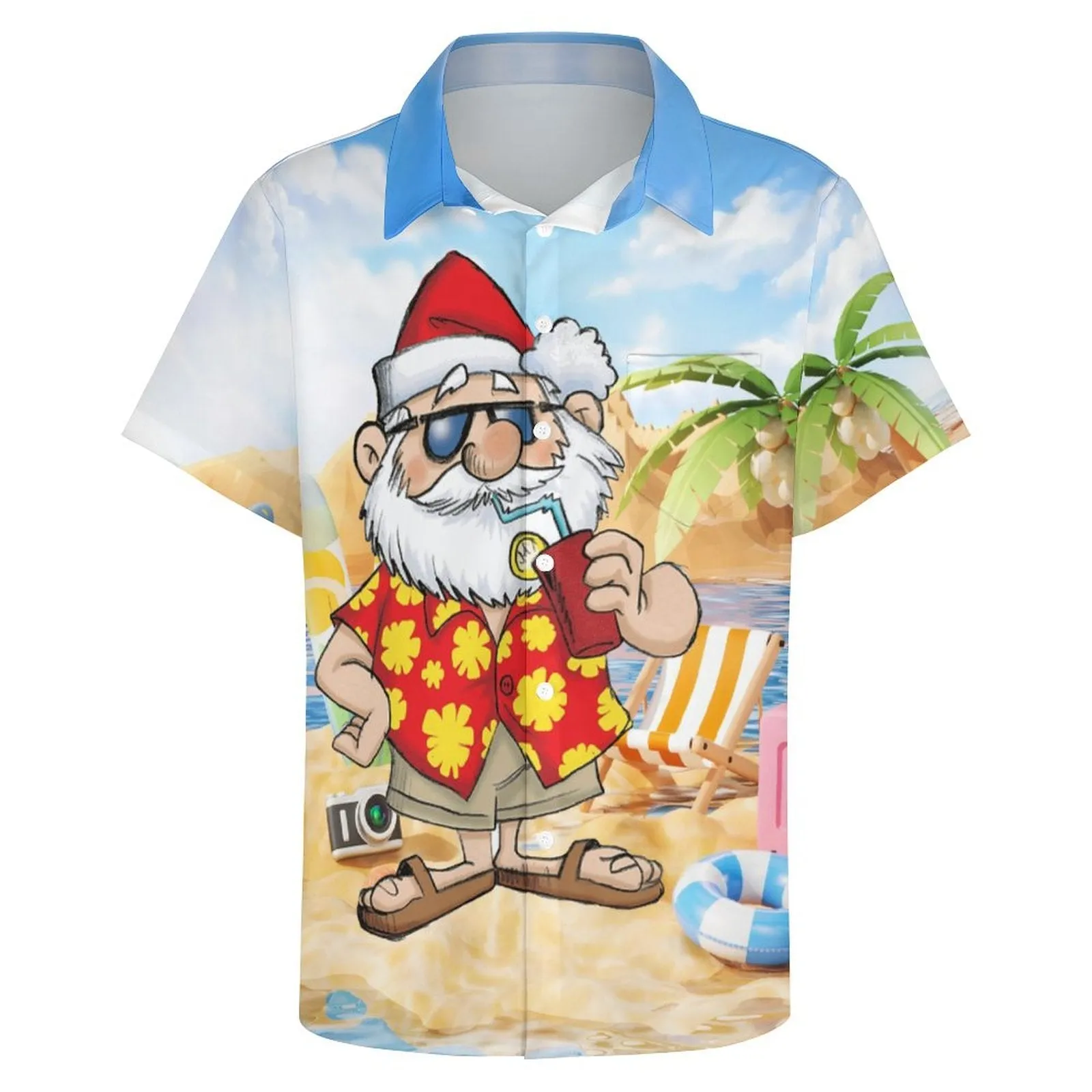 Santa's Beach Vacation Casual Print Chest Pocket Short Sleeve Shirt 2308100154