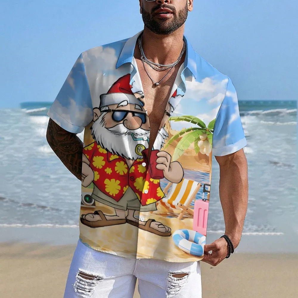 Santa's Beach Vacation Casual Print Chest Pocket Short Sleeve Shirt 2308100154