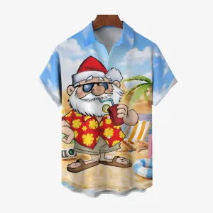 Santa's Beach Vacation Casual Print Chest Pocket Short Sleeve Shirt 2308100154
