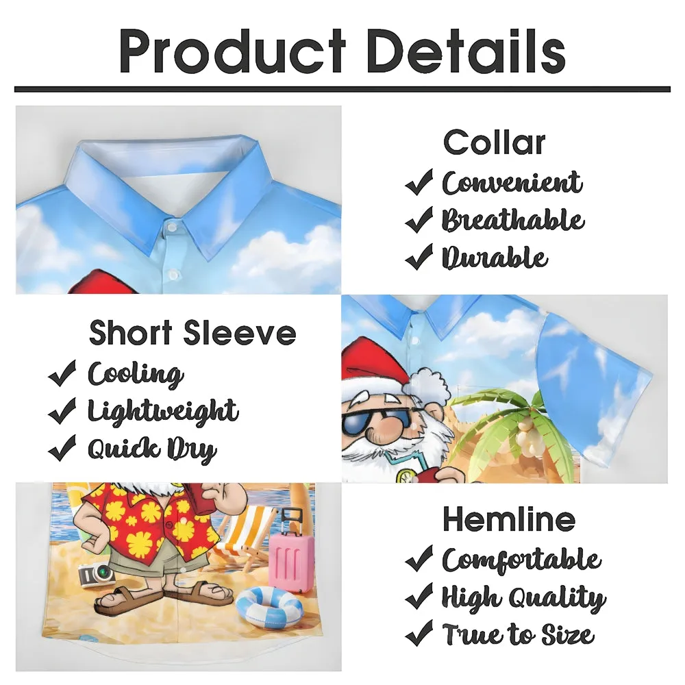 Santa's Beach Vacation Casual Print Chest Pocket Short Sleeve Shirt 2308100154