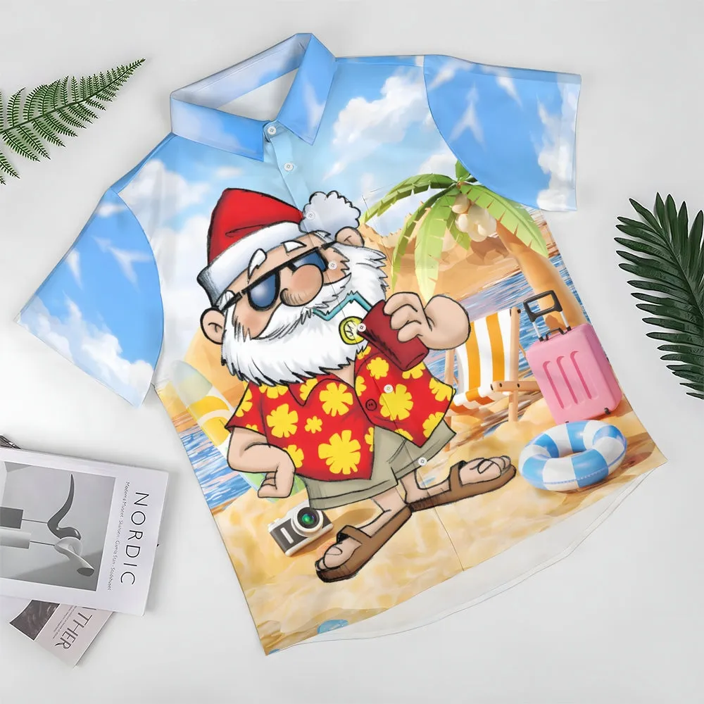 Santa's Beach Vacation Casual Print Chest Pocket Short Sleeve Shirt 2308100154