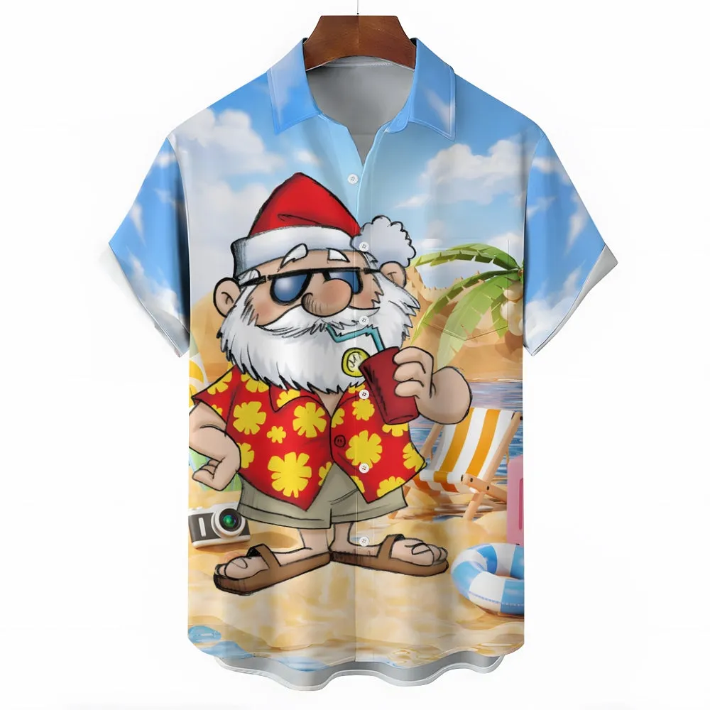 Santa's Beach Vacation Casual Print Chest Pocket Short Sleeve Shirt 2308100154