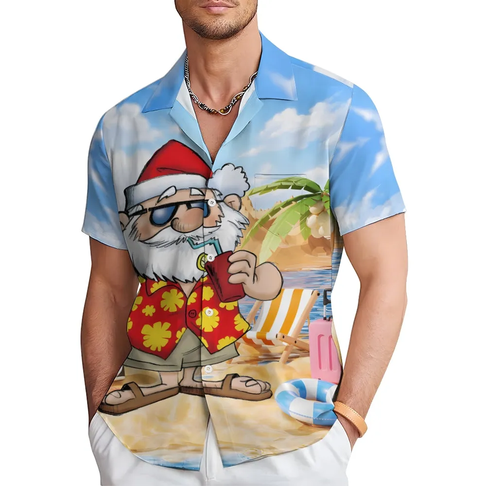 Santa's Beach Vacation Casual Print Chest Pocket Short Sleeve Shirt 2308100154