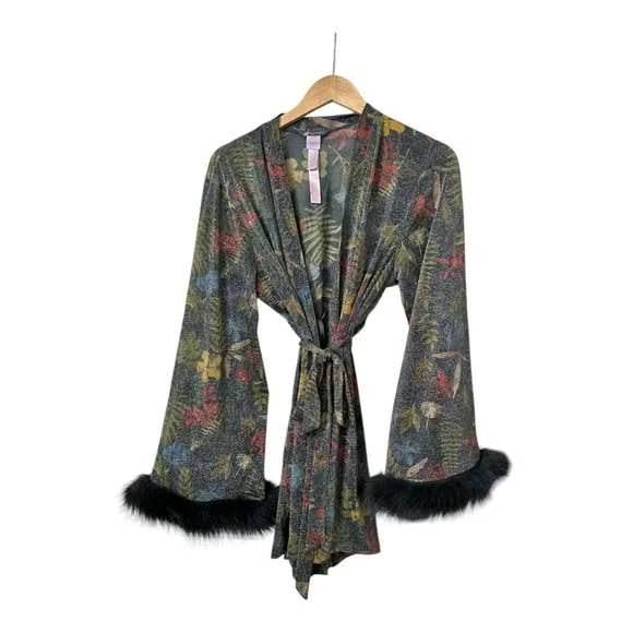 Savage X Fenty Trophy Wife Robe Metallic Island Print Sleeves Faux Fur Size M/L