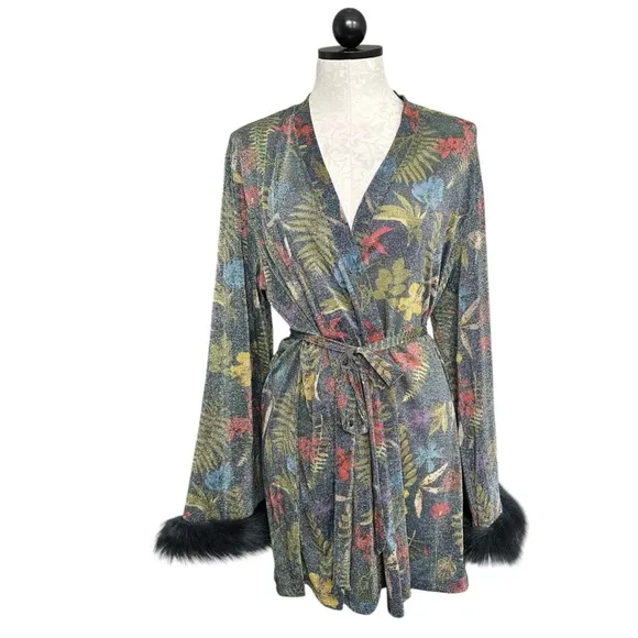 Savage X Fenty Trophy Wife Robe Metallic Island Print Sleeves Faux Fur Size M/L