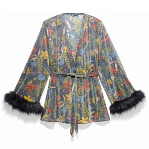 Savage X Fenty Trophy Wife Robe Metallic Island Print Sleeves Faux Fur Size M/L