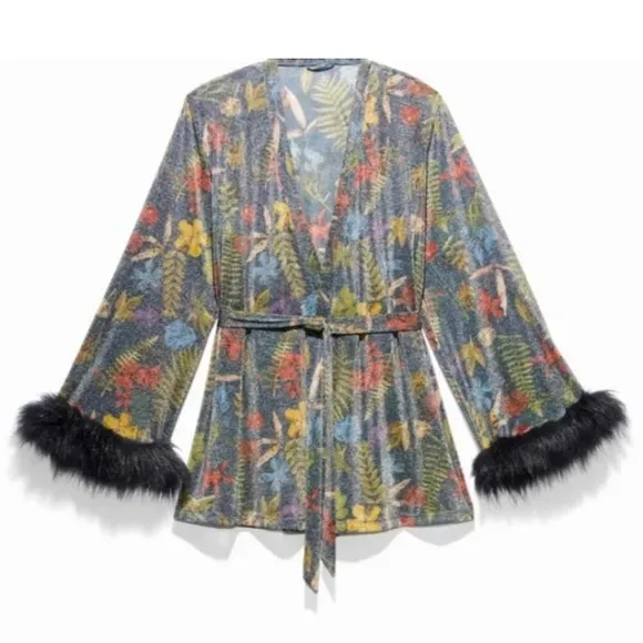 Savage X Fenty Trophy Wife Robe Metallic Island Print Sleeves Faux Fur Size M/L