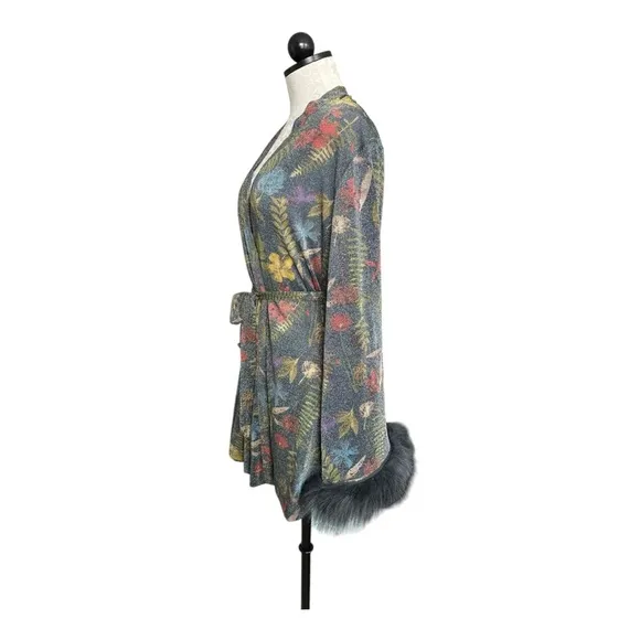 Savage X Fenty Trophy Wife Robe Metallic Island Print Sleeves Faux Fur Size M/L