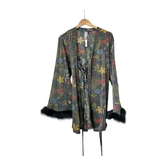 Savage X Fenty Trophy Wife Robe Metallic Island Print Sleeves Faux Fur Size M/L