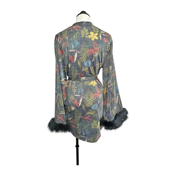 Savage X Fenty Trophy Wife Robe Metallic Island Print Sleeves Faux Fur Size M/L