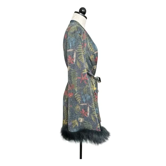 Savage X Fenty Trophy Wife Robe Metallic Island Print Sleeves Faux Fur Size M/L