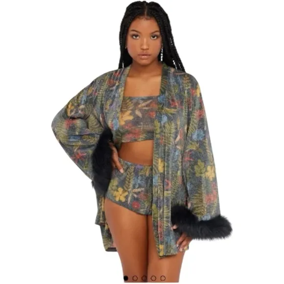 Savage X Fenty Trophy Wife Robe Metallic Island Print Sleeves Faux Fur Size M/L