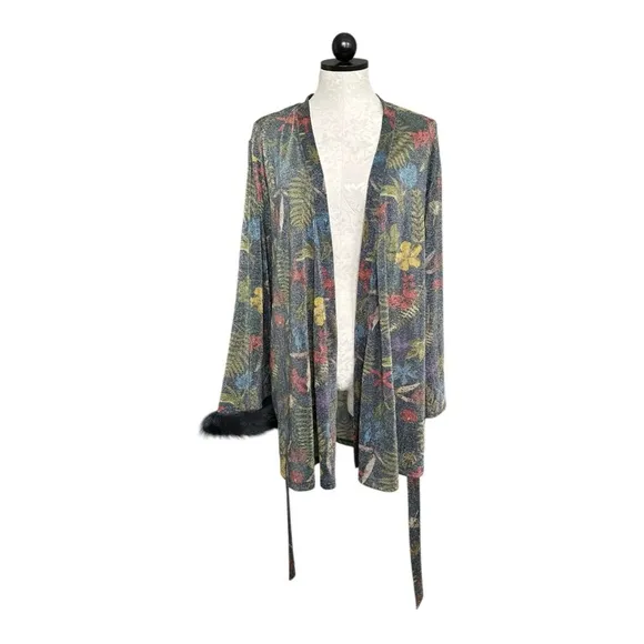 Savage X Fenty Trophy Wife Robe Metallic Island Print Sleeves Faux Fur Size M/L