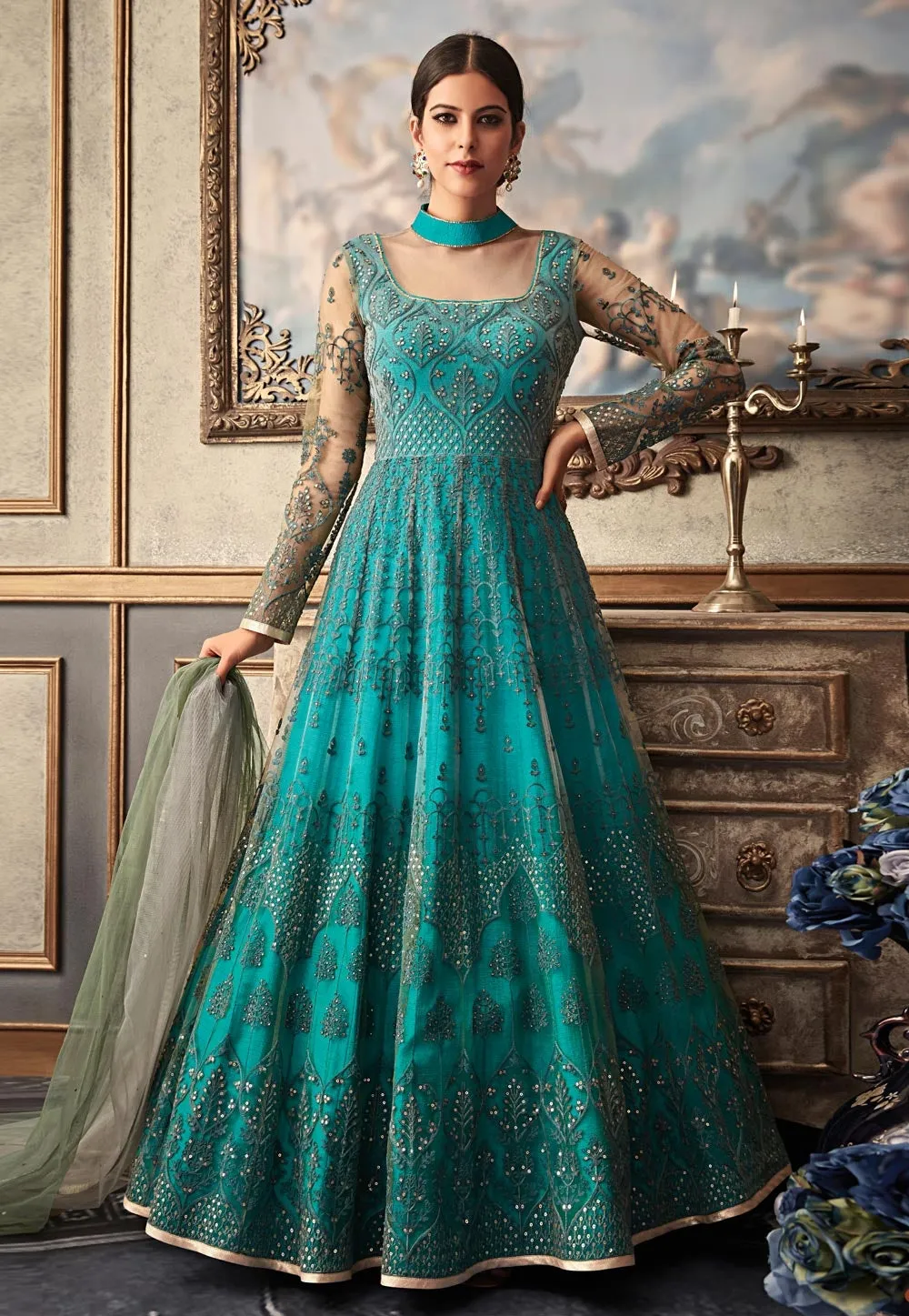 Sea Blue Embroidered Flared Anarkali Gown Set